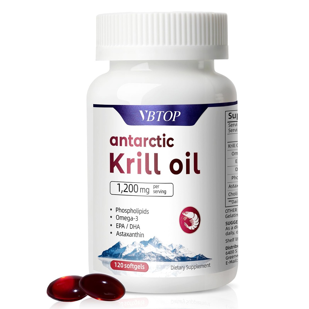 Huile de krill antarctique 1200 mg par portion, 120 softgels à libération rapide avec Omega-3 EPA DHA, Astaxanthin & Phospholipides, sans mercure, sans arrière-goût de poisson pour la santé du coeur, des articulations et du cerveau