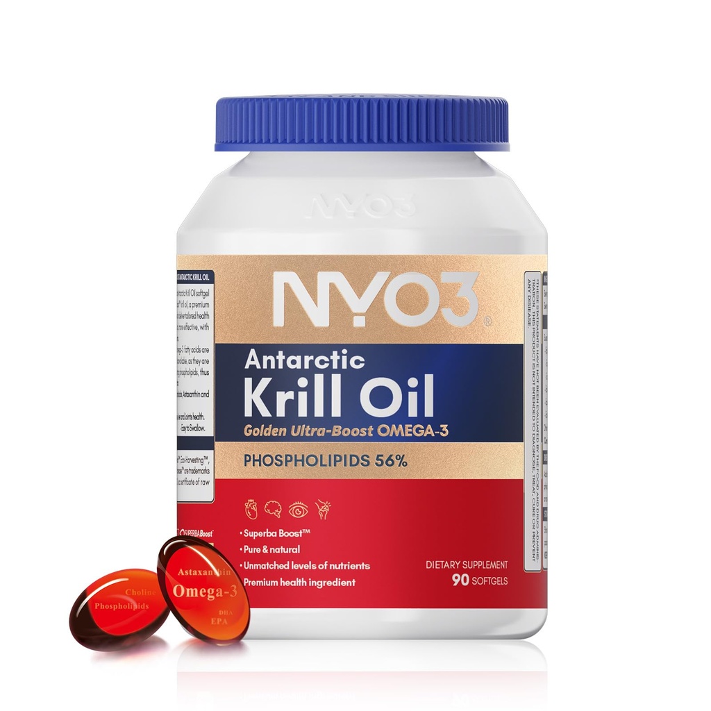 NYO3 1500mg Krill Oil Omega 3 Supplément, Senior's Top Choice, High Content EPA DHA & High Absorption Pure Antarctique Krill Oil with Astaxanthine and 56% Phospholipides, laboratoire testé,90 Softgels