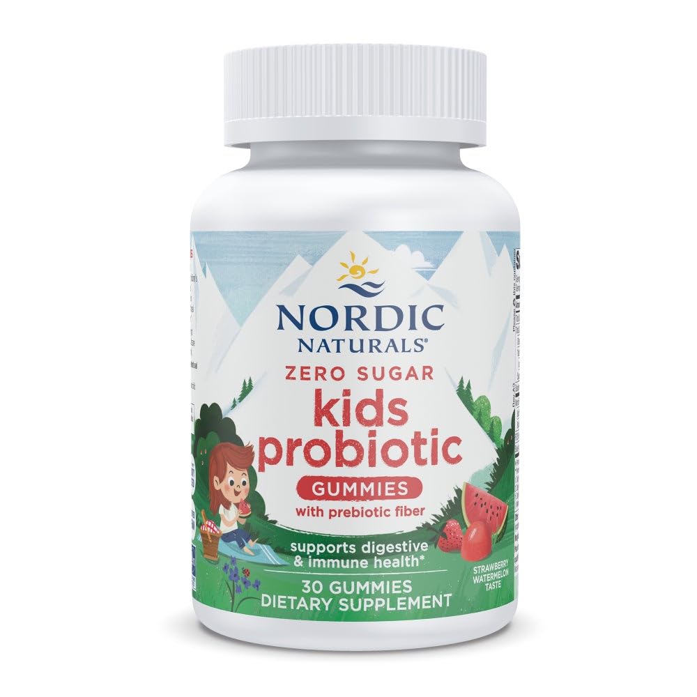 Nordic Naturals Zero Sugar Kids Probiotic Gummies - Fraise Pastèque Saveur - 30 Gummies - Soutient le bien-être digestif et la santé immunitaire - Non-OGM - Testé par une tierce partie - Vegan - 30 portions