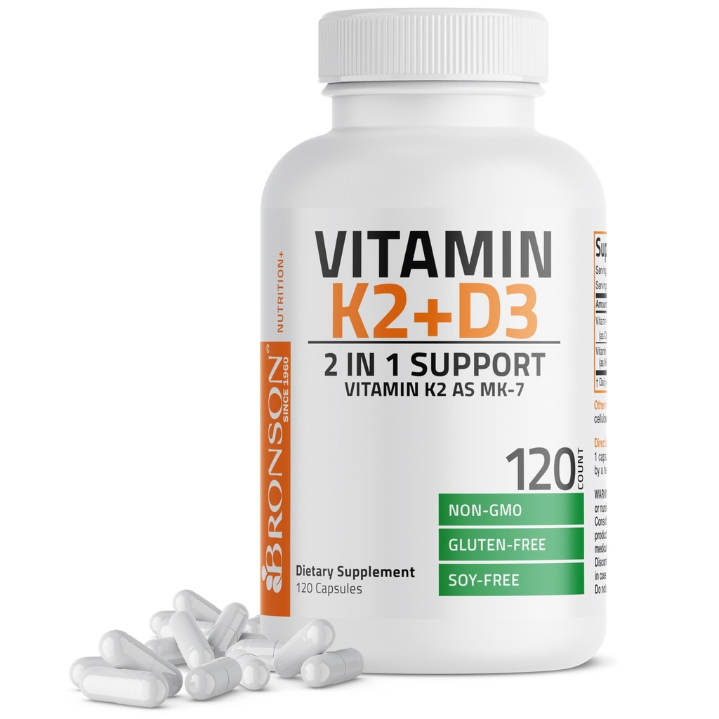 Bronson Vitamine K2 (MK7) avec supplément D3 Formule non-OGM 5000 UI Vitamine D3 & 90 mcg K2 MK-7 Complexe D & K facile à avaler, 120 capsules