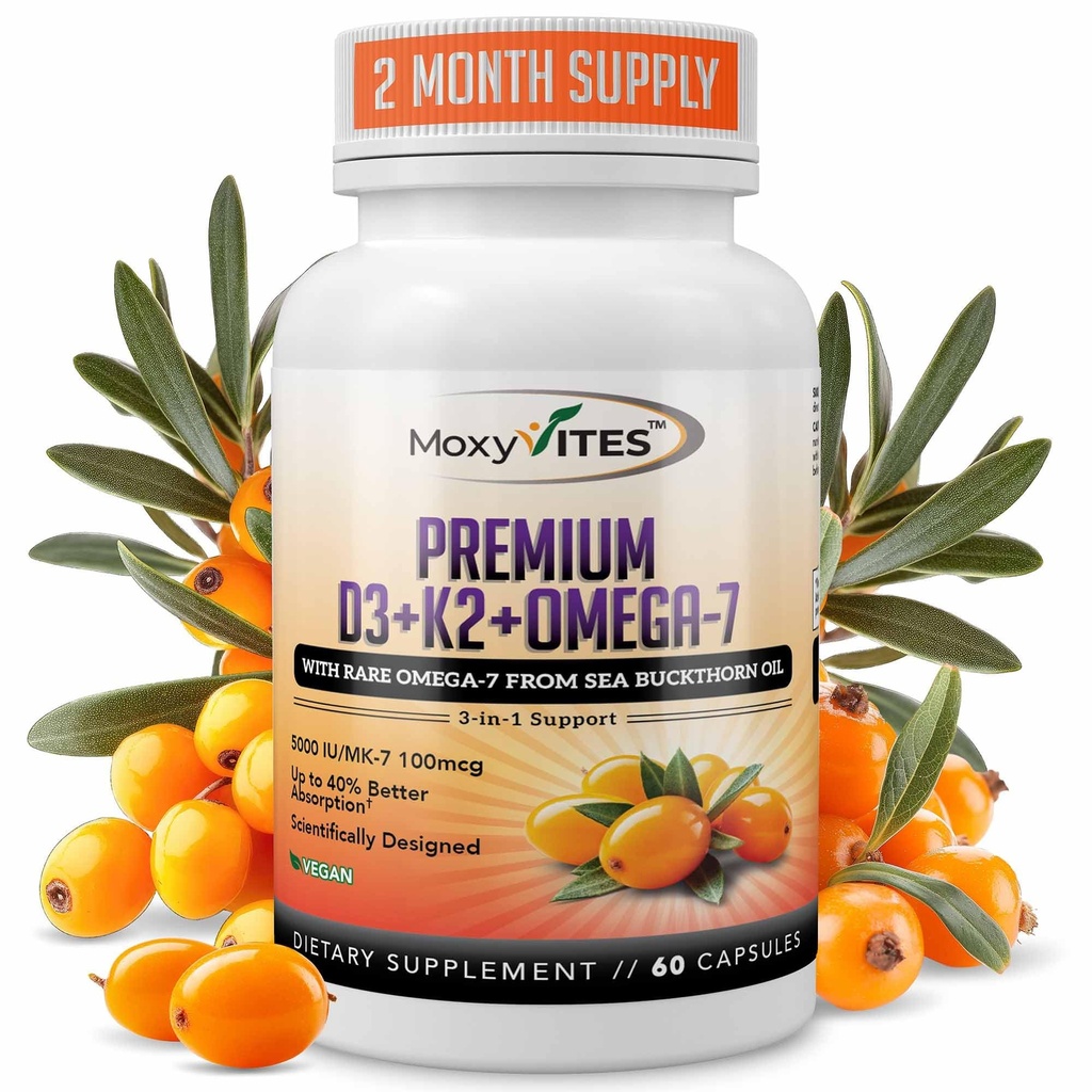 MoxyVites Vitamine D3 K2 5000 UI – Haute Absorption D3 + K2 MK-7 avec Huile de Buckthorn de Mer & Omega-7 – Soutien osseux, cardiaque et immunitaire pour les femmes et les hommes – 60 Capsules Vegan