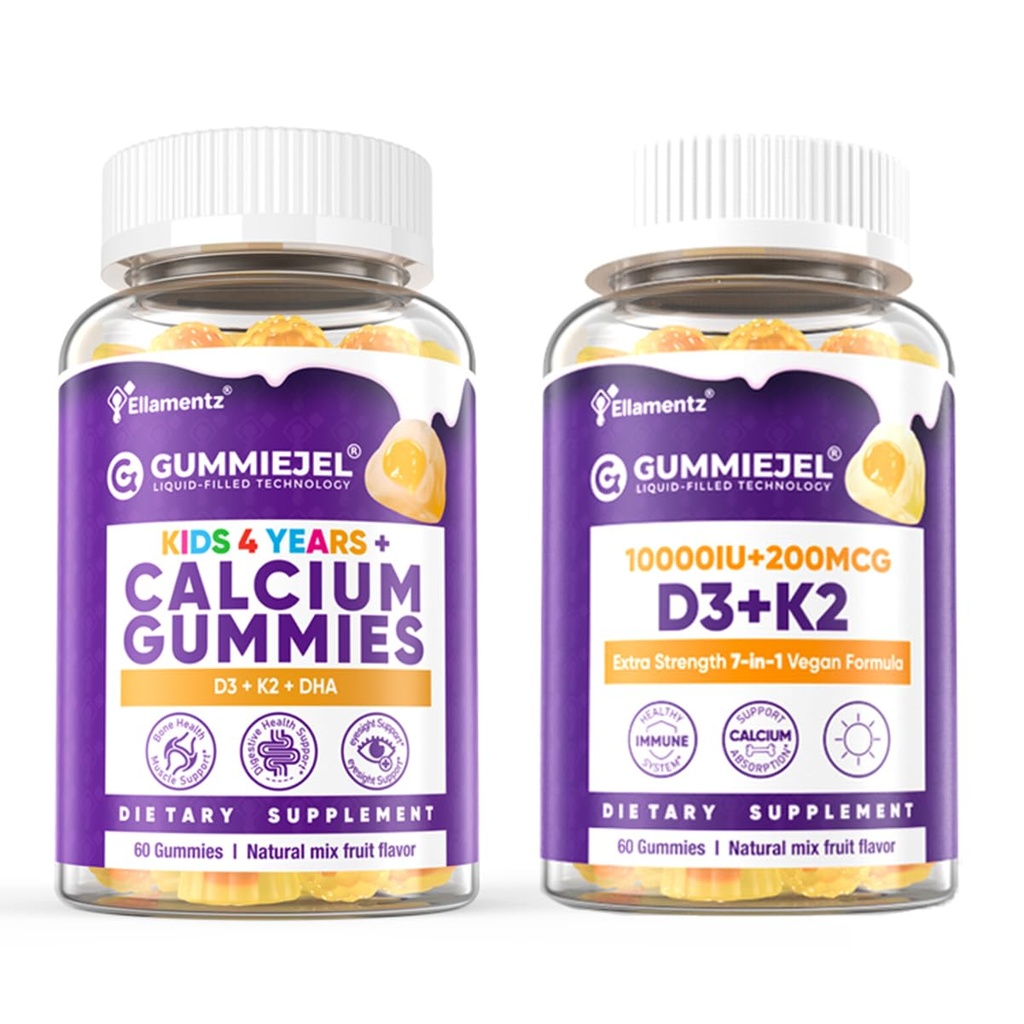 1 Pack Gommies de calcium pour enfants + 1 Pack D3 K2 Gommies Vitamine D3 10000 UI + K2 (MK7) 120mcg