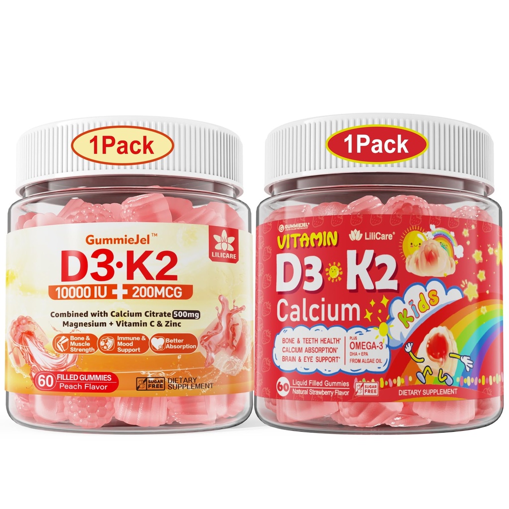 LILICARE Bundle Vitamine D3K2 Gummies pour enfants et D3K2 Gummies pour adultes
