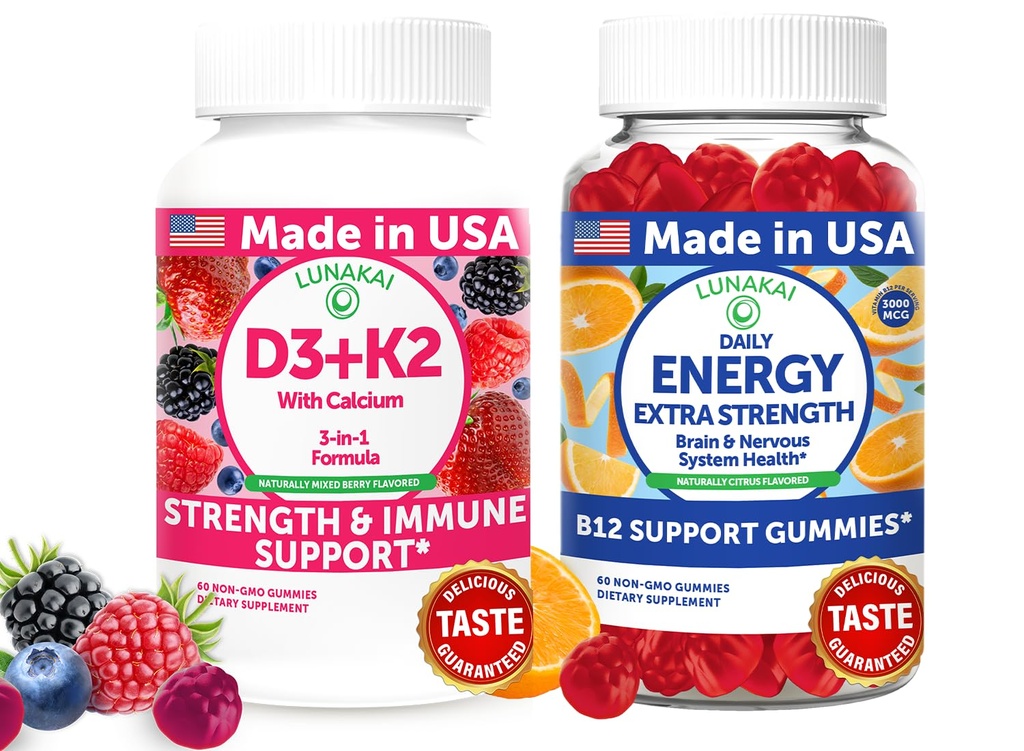 Lunakai USA Fabriqué D3+K2 avec Calcium & Energy B12 Gummies Bundle – Vegan, Non-OGM – 60 Gummies Chaque