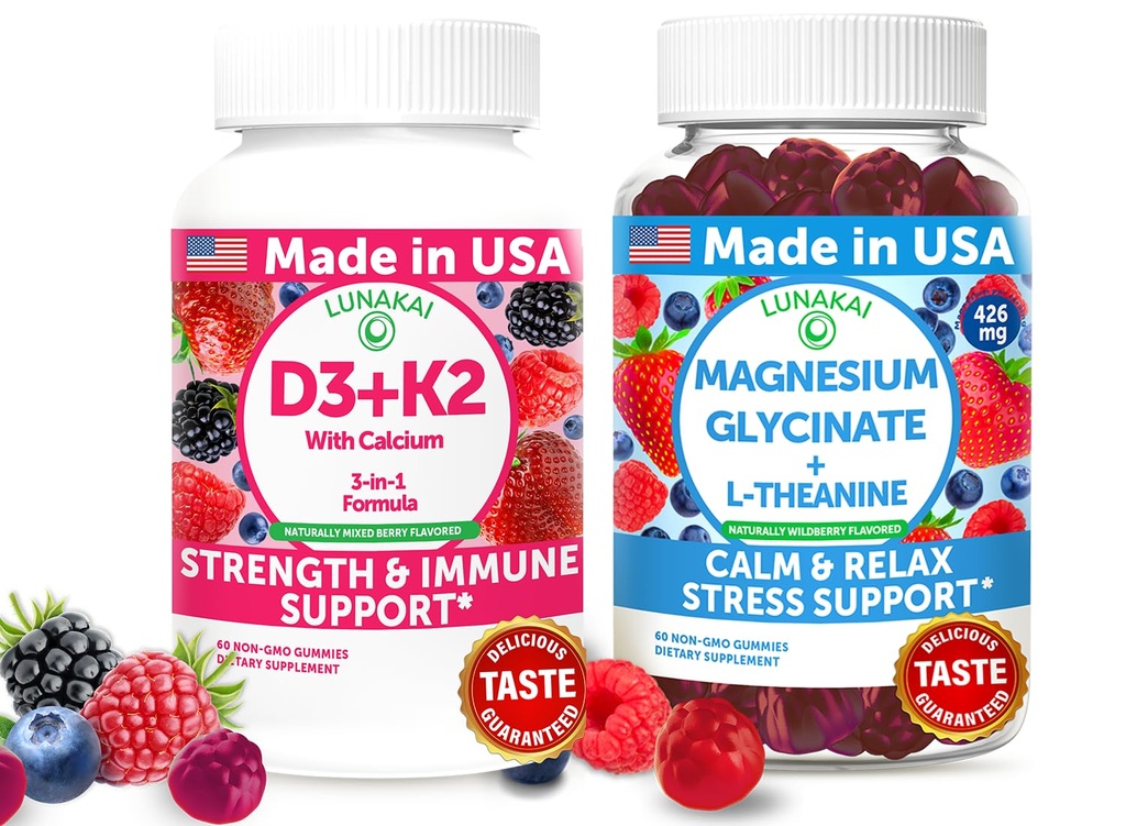 Lunakai USA Fait D3+K2 avec Calcium & Magnésium Glycinate + L-Theanine Gummies Bundle – 60 Gummies non OGM