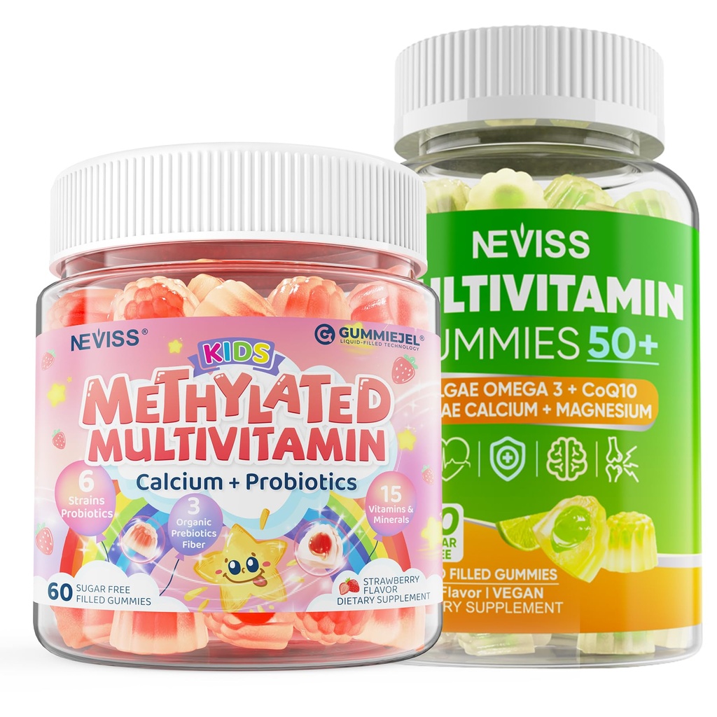 NEVISS Enfants Gommies multivitamines avec Calcium, Probiotiques, Vitamine D3 K2 A C + Sans sucre Hommes 50 + Plus, Multivitamines Gommies avec/Omega-3, Coq10, D3k2, Calcium