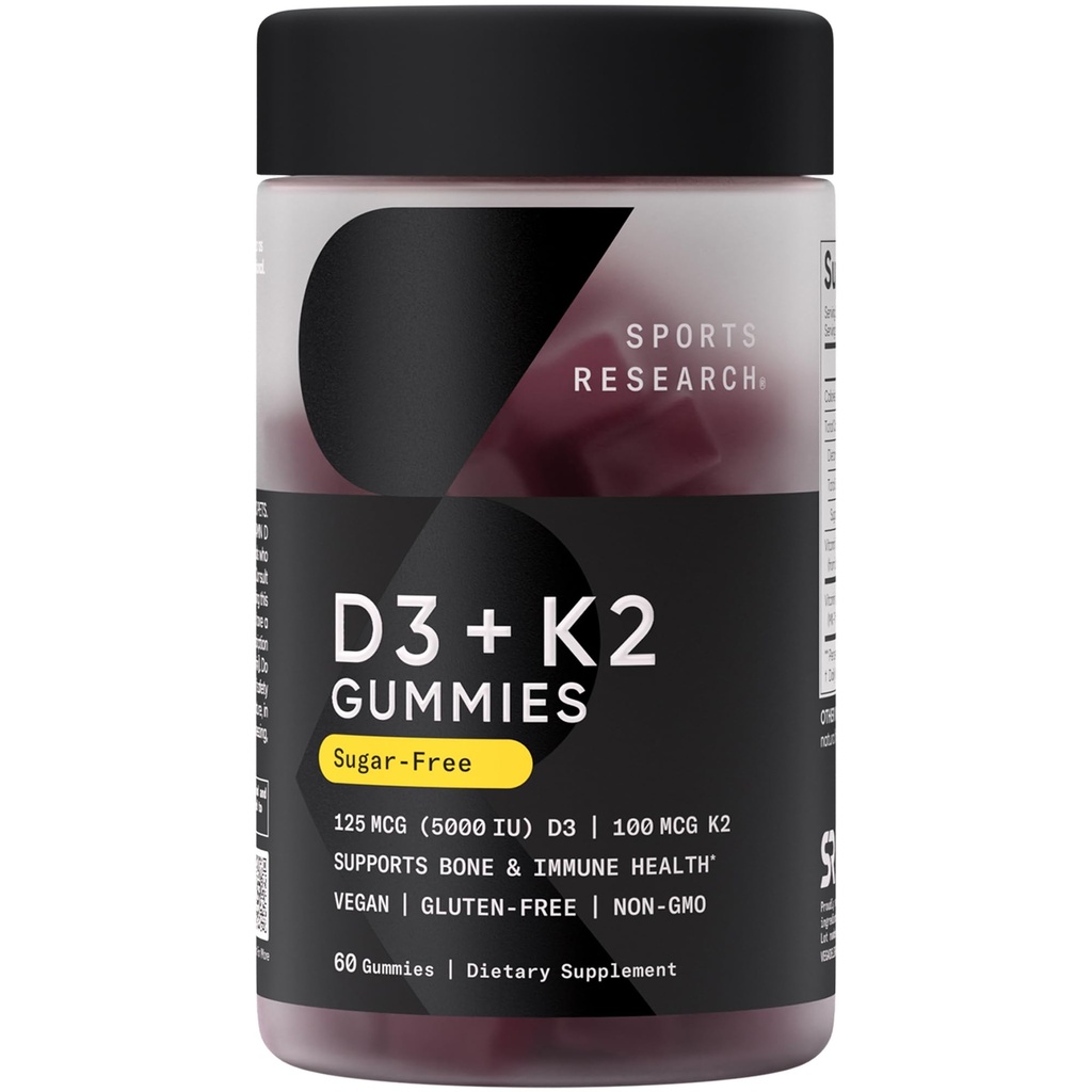 Sport Research® Vitamine végétale D3 + K2 Gommies sans sucre - 125mcg (5000iu) Vitamine D avec 100mcg Mk7 Vitamine K - Soutient la santé des os et des immunes* - Vegan Certified · Non-OGM · Sans soja - 60 Compte