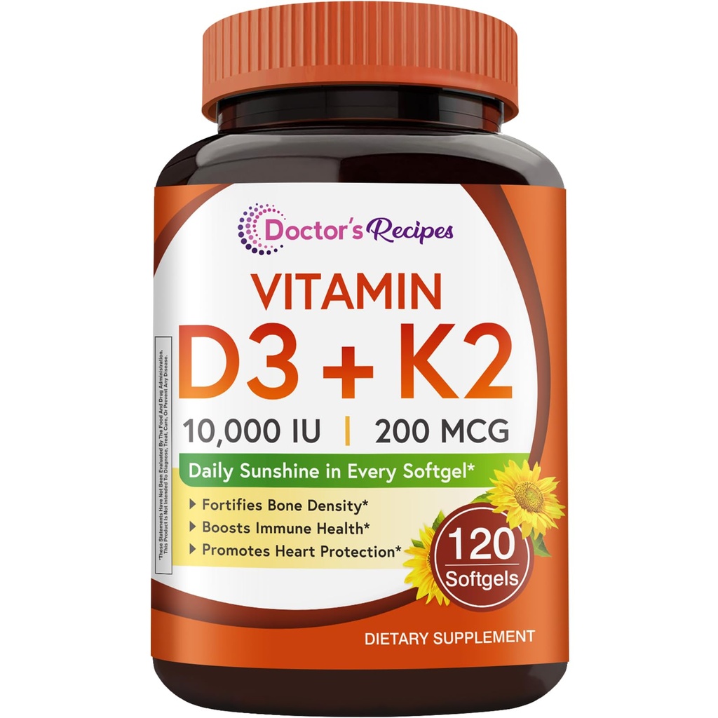 Recettes du médecin Vitamine D3 K2, 10 000 UI, 200 mcg, MK-7, Densité osseuse forte, Dents, Immune, Soutien cardiaque, Énergie, Absorption de calcium, Pas de soja et de gluten, Non-OGM, 120 Softgels