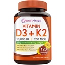 Recettes du médecin Vitamine D3 K2, 10 000 UI, 200 mcg, MK-7, Densité osseuse forte, Dents, Immune, Soutien cardiaque, Énergie, Absorption de calcium, Pas de soja et de gluten, Non-OGM, 120 Softgels