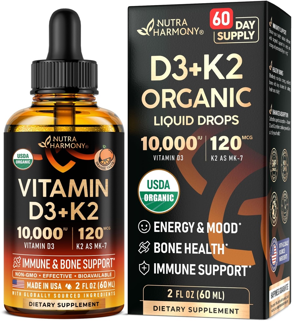 Vitamine D3 K2 gouttes organiques USDA - Vitamine D3 10000 UI et K2 comme MK-7 120mcg - Immune et soutien de l'humeur, os et dents santé - sans sucre orange saveur - supplément liquide - Fabriqué aux États-Unis - 2 FL OZ, 60 jours