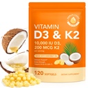 Vitamine D3 K2 avec huile de noix de coco - Vitamine végétale D3 & Mk7 Vitamine K2pour os et immunosupport - non-OGM, sans soja - 120 softgels