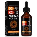 Daiasns Vitamine D3 5000 UI et K2 (MK-7) 120 mcg 60ml gouttes avec l'huile de MCT Oméga 3, Vitamine liquide D3 et K2 suppléments - 2 mois d'approvisionnement -supporte les os, les dents, l'humeur et le système immunitaire, absorption de calcium