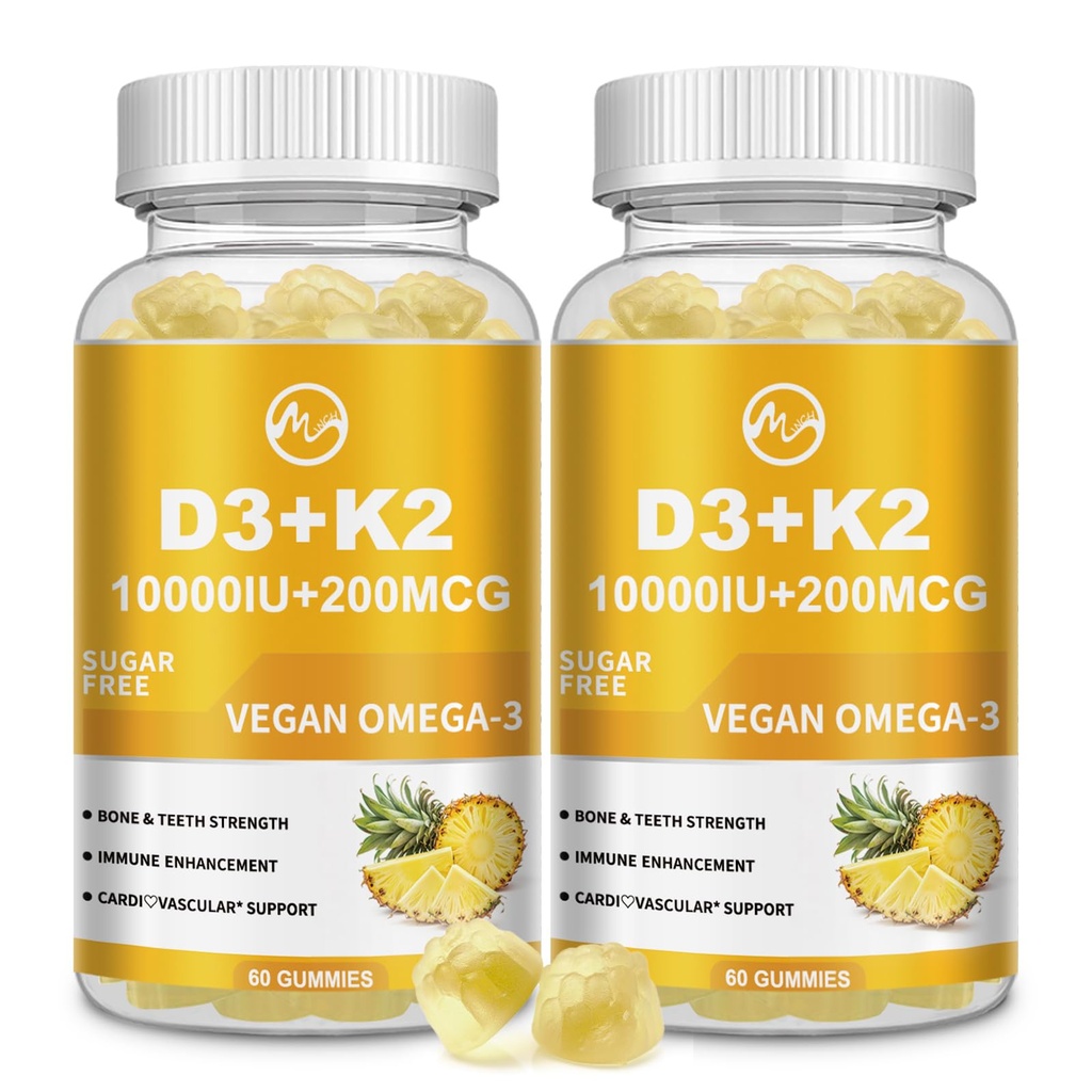 M inch Vitamine D3 K2 Gummies, Vitamine D3 10000UI, K2 (MK-7) 200mcg, 6-en-1 Vitamine D3 con K2 Supplément avec Oméga-3 pour les femmes et les hommes - Bones, Dents & Immunissance Support, Sans sucre, 2 Pack