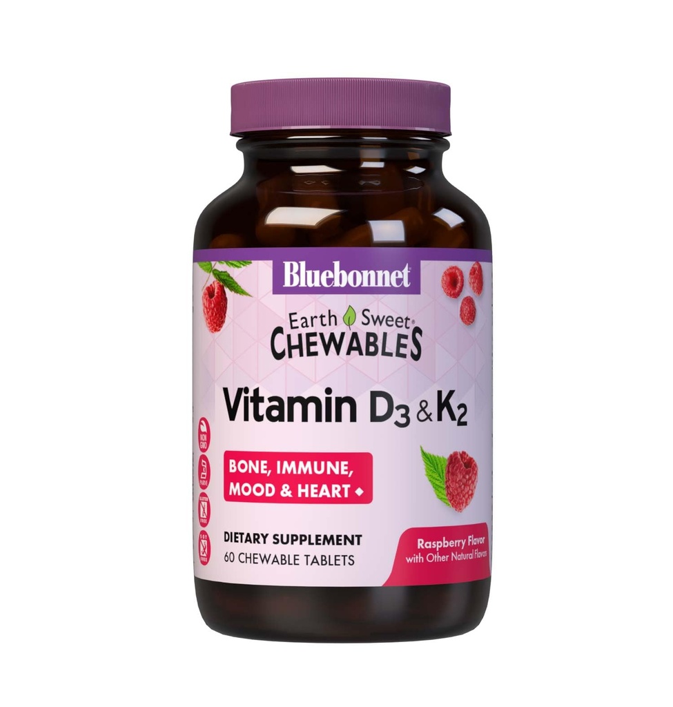 Bluebonnet Nutrition Vitamine D3 & K2 EarthSweet Tablettes à mâcher, pour la santé immunitaire, de l'humeur et du coeur*, sans soja, sans gluten, sans OGM, laiterie casher, 60 comprimés à mâcher aux framboises, 60 portions