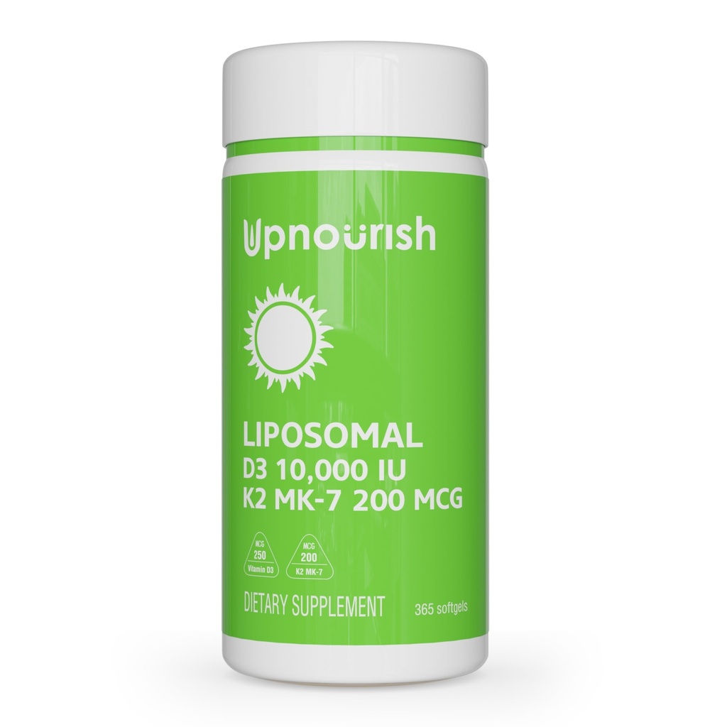 UpNourish Liposomal D3 K2 Vitamine 10000 UI D3 et K2 MK-7 200 mcg - 365 Vitamine D3 k2 (Vitamine D3 con K2) Mini Softgels - Facile à avaler K2 D3 Vitamine supplémentaire