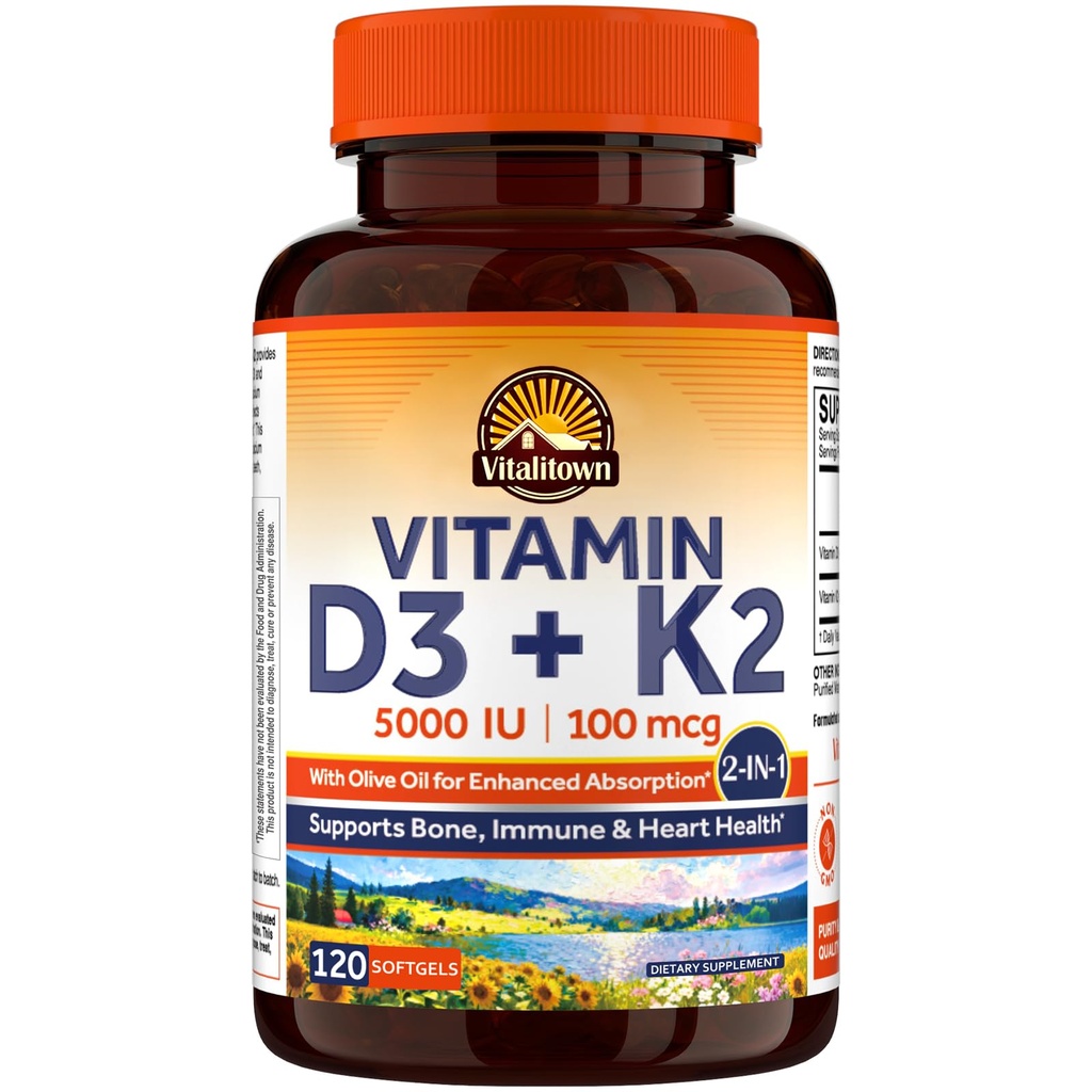Vitalitown Vitamine D3 K2 Supplément, D3 5000 UI, Vitamine K2 MK-7 100 mcg, Non-OGM, Pas de gluten et de soja, pour les os, les dents, l'immunité et la santé cardiaque, 120 Softgels