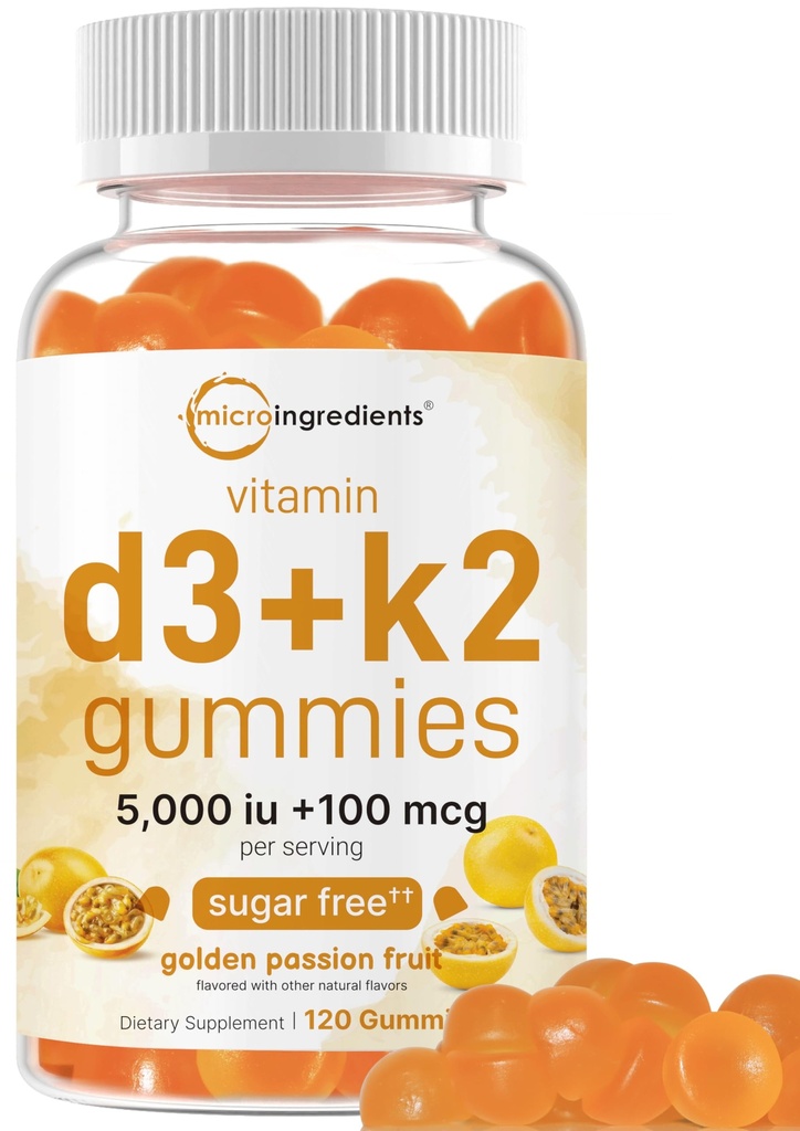 Micro-ingrédients Vitamine D3 K2 Gummies, 120 Compte 5.000 UI Vitamine D + 100 mcg K2 MK-7.