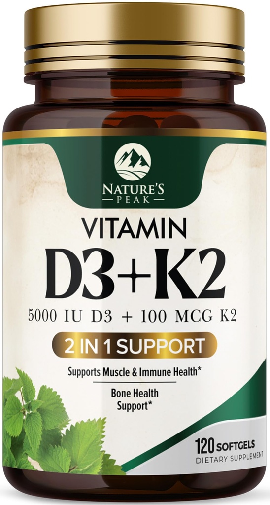 Vitamine D3 K2 - Vitamine D3 5000 UI par softgel - Supplément Vitamine D3 de haute puissance - Vitamine complexe 2-en-1 D et Vitamine K2 (MK7) - Support facile à avaler, os et immunitaire - mis en bouteille États-Unis - 120 softgels