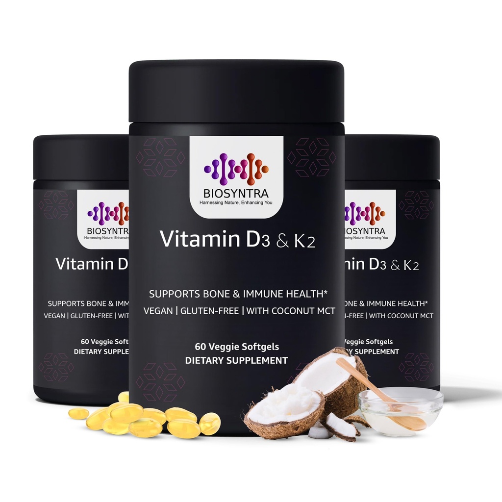 Vitamine D3+K2 avec huile de noix de coco - Vitamine végétalienne D 5 000 UI et MK7 Vitamine K 110mcg pour os, coeur et crème, non OGM, tiers testé, sans soja, haute absorption 60 légumes