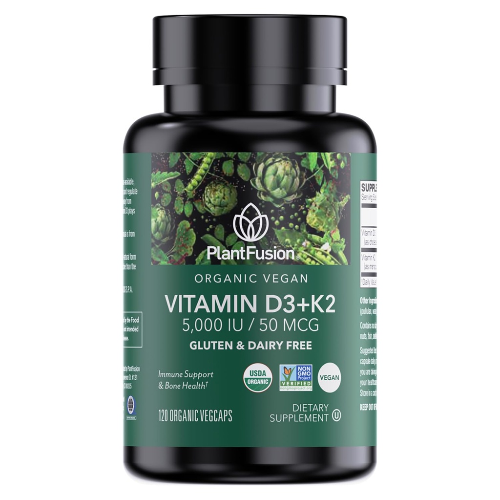 PlantFusion Vitamine végétale biologique D3 + K2 5 000 UI, 50MCG – Vitamine D provenant de lichen végétal et de vitamine K2, pour le soutien immunitaire et la santé des os - 120 capsules