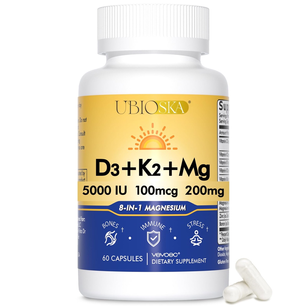 UBIOSKA Vitamine D3 K2 Supplément de magnésium – 5000 UI D3 + MK-7 K2 avec 8 formes de magnésium (Glycinat, Taurat, Malate) pour le sommeil calme, le soulagement du stress, l'équilibre de l'humeur et les os forts – 60 capsules