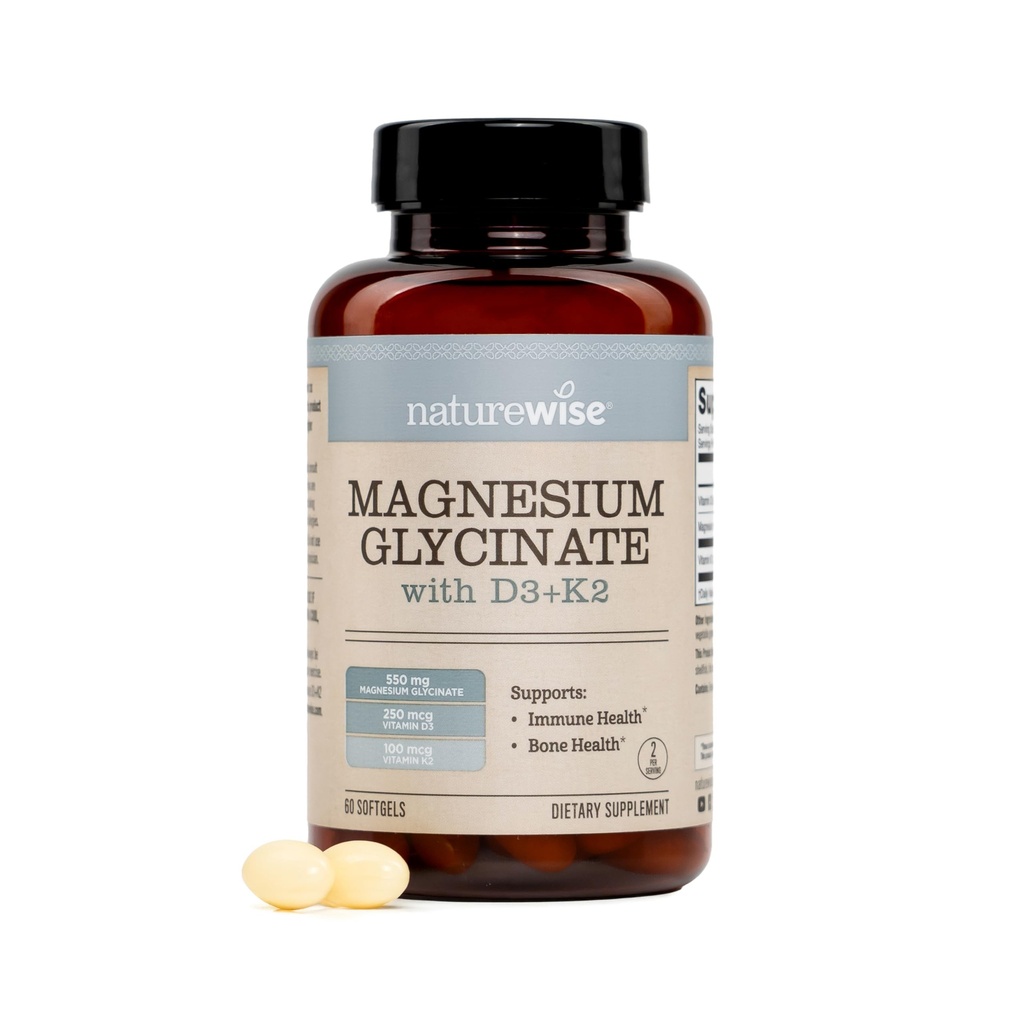 NatureWise Magnésium Glycinate 550mg + Haute-Dose 10000 UI Vitamine D3 K2 100 mcg - Supplément de magnésium D3 K2 - Chélaté pour haute absorption - Soutien osseux - Non-OGM, États-Unis Fabriqué - [30-Day Supply]