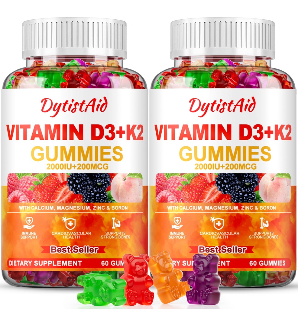 Vitamine D3 + K2 Gommies 2000 UI avec Calcium + K2 (MK-7), Citrate de magnésium, Vitamine C, Zinc et Boron – Bone, Heart & Immune Support – Vegan, Non-OGM, Sans gélatine, Supplément sans sucre, 120 Gommies