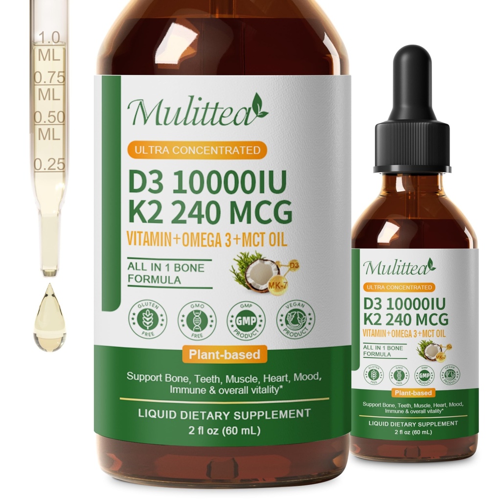 2 Pack Vitamine biologique D3 K2 Liquide 10000 UI avec l'huile d'oméga-3 et de noix de coco MCT - Supplément de vitamine D de résistance maximale, sans remplissage, non-OGM K2 comme MK7 pour les os, muscles et haute absorption-2 Fl Oz