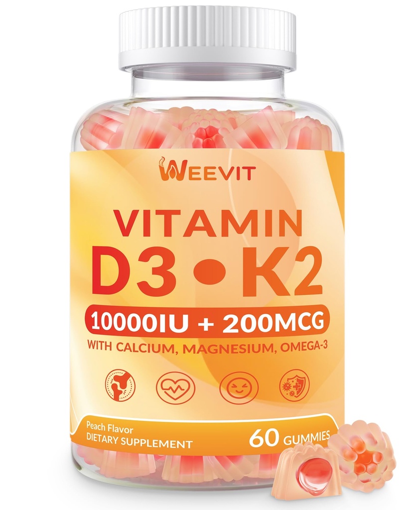 SEMAINE Vitamine D3 K2 Gommies, Sans sucre Vitamine D3 K2 avec/Calcium, Magnésium, Oméga-3, Vitamine C,B12, K2 Supplément D3