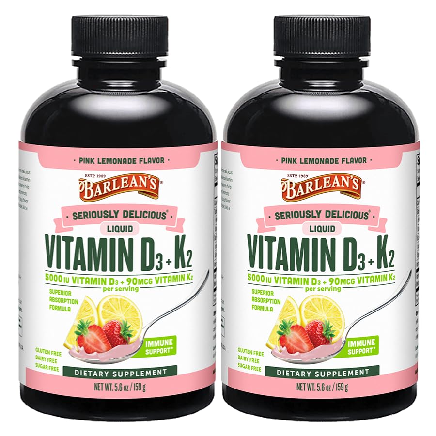 Barlean's Pack de 2 suppléments liquides de vitamine D3+K2 pour les enfants et les adultes, 5000 UI de vitamine D, citronade rose, sans OGM, sans gluten et sans lait, 5,6 oz chacun