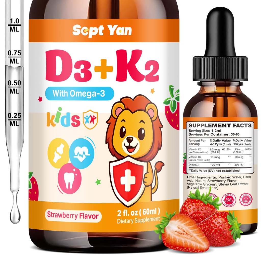 Enfants Vitamine D3 K2 gouttes - K2 D3 supplément de vitamine 1000 UI avec Omega 3, soutien os, l'humeur, les dents et l'Immune - Vitamine D3 K2 (MK-7) gouttes liquides pour adultes et enfants, sans sucre Fraise Flavor 2 FL OZ