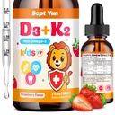 Enfants Vitamine D3 K2 gouttes - K2 D3 supplément de vitamine 1000 UI avec Omega 3, soutien os, l'humeur, les dents et l'Immune - Vitamine D3 K2 (MK-7) gouttes liquides pour adultes et enfants, sans sucre Fraise Flavor 2 FL OZ