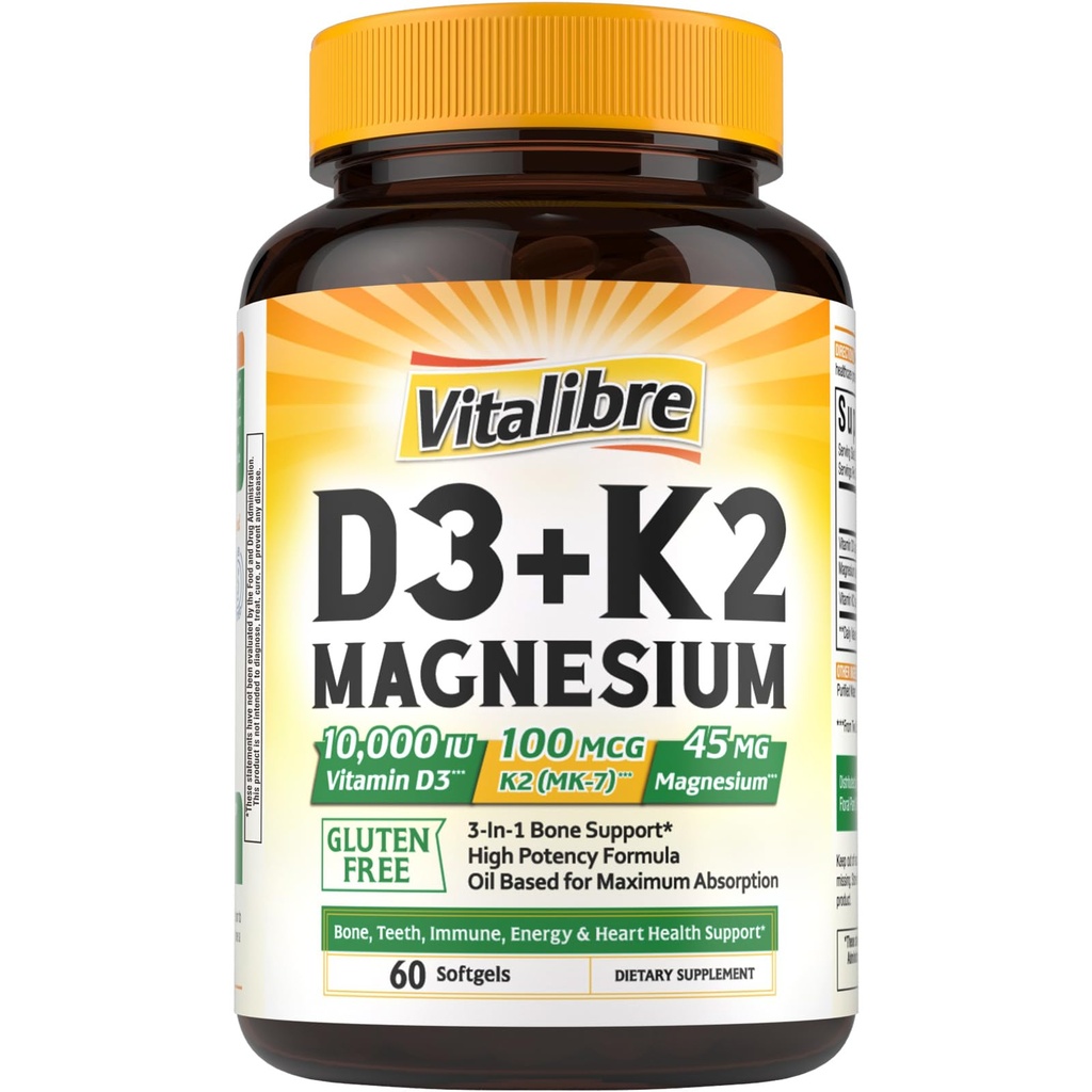 Vitalibre Vitamine D3 K2 + supplément de magnésium, 10000 UI Vitamine D3 & 100 mcg K2, avec glycinate de magnésium, os, dents, immunosupport et énergie, absorption élevée, non-OGM, facile à avaler, 60 Softgels