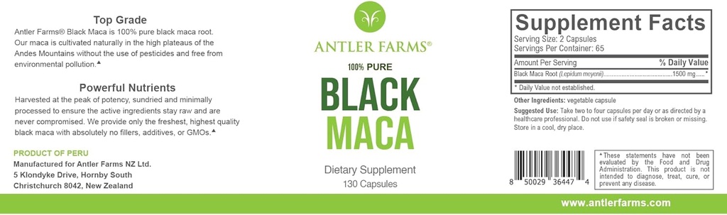 Fermes Antler - 100% Pure Black Maca Root, 130 Capsules, 1500mg – Grandis dans le Plateau de Junin au Pérou, Énergie masculine, Vitalité et Stamine, Équilibre hormonal, Mémoire et clarté mentale