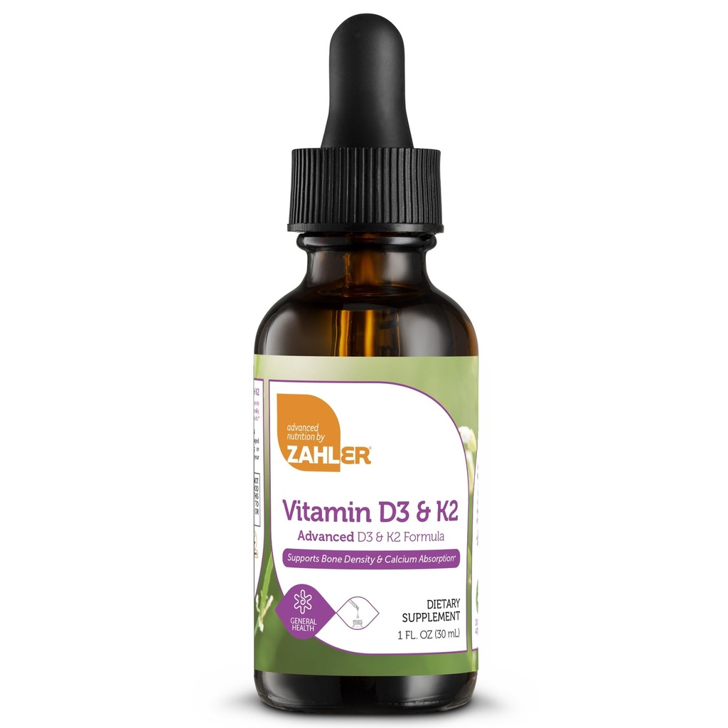 Zahler vitamine D3 K2 gouttes, liquide D3 avec K2, 1000UI de vitamine D et 1000mcg de K2 par service, soutient la densité osseuse et l'absorption de calcium, 1Fl Oz.