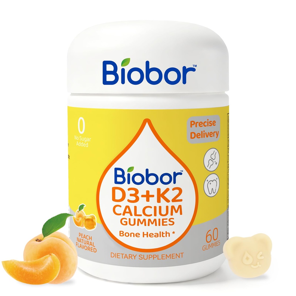 Biobor Vitamine D3 K2 Gummies avec Calcium, 2000 UI D3 & 200 mcg K2(MK-7) & 200 mg Calcium, Pas de sucre ajouté, soutient les os sains et la santé immunitaire, sans gluten, sans OGM, pêche jaune, 60 Compte