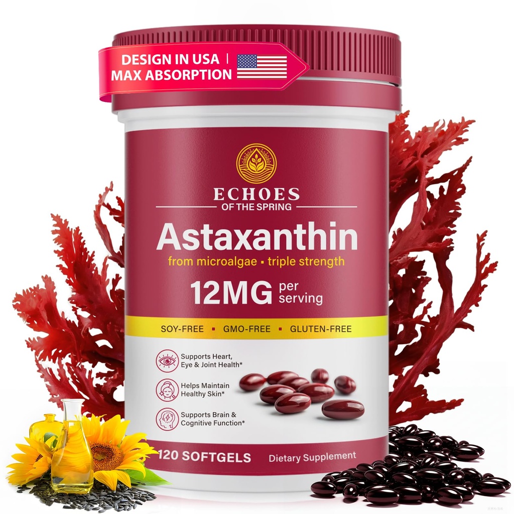 Astaxanthin 12mg – Natural Astaxanthin from Haematococcus Pluvialis, Triple Strength Antioxidant Supplement for Eye, Skin, Joint & Immune Support (120 Count (Pack of 1))