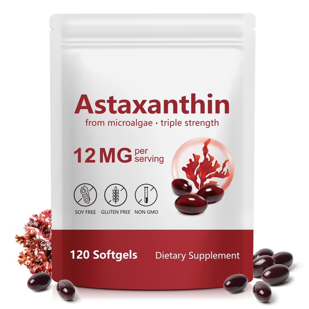 Suppléments Astaxanthin 12mg, 120 Softgels Astaxanthin, Suppléments Antioxydants Premium As-taxanthin avec Activité Antioxydante, Supporte l'œil, la peau, l'immuno, articulaire, la circulation interne-4 mois
