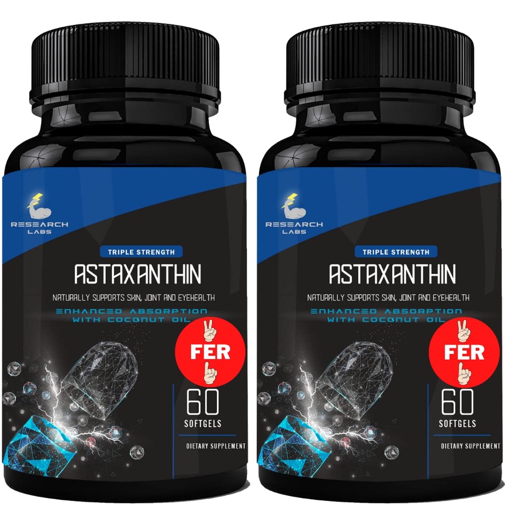 Laboratoires de recherche Triple force astaxanthine naturelle 12mg Softgels + extra bouteille huile de noix de coco biologique pour l'absorption renforcée puissant antioxydant soutient l'articulation des yeux et la santé cardiaque 120 Total Softgels
