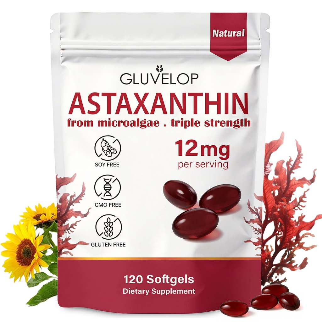 Astaxanthine 12mg, Suppléments d'antioxydants d'astaxanthine Premium, soutient les yeux, la peau, l'immunité, la circulation interne, la source de microalgues fraîches, triple force, non-OGM, alimentation de 4 mois, 120 Softgels