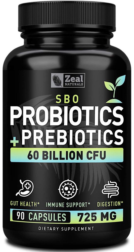 Probiotiques et prébiotiques + SBO Probiotiques (60 milliards de CFU-90 capsules) Acidophilus Probiotique w. Saccharomyces Boulardii, Bifidobacterium + Spore Probiotic & Organic Sprouted Prebiotic Fibre Blend