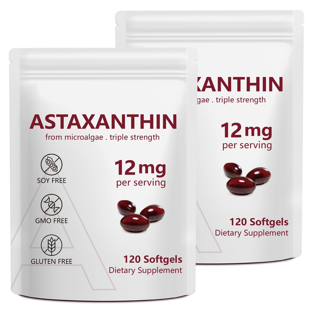 2 Pack Astaxanthine 12mg, Suppléments d'antioxydants d'Astaxanthine Premium avec activité antioxydante, Supporte les yeux, Immune, Santé de la peau, Circulation interne