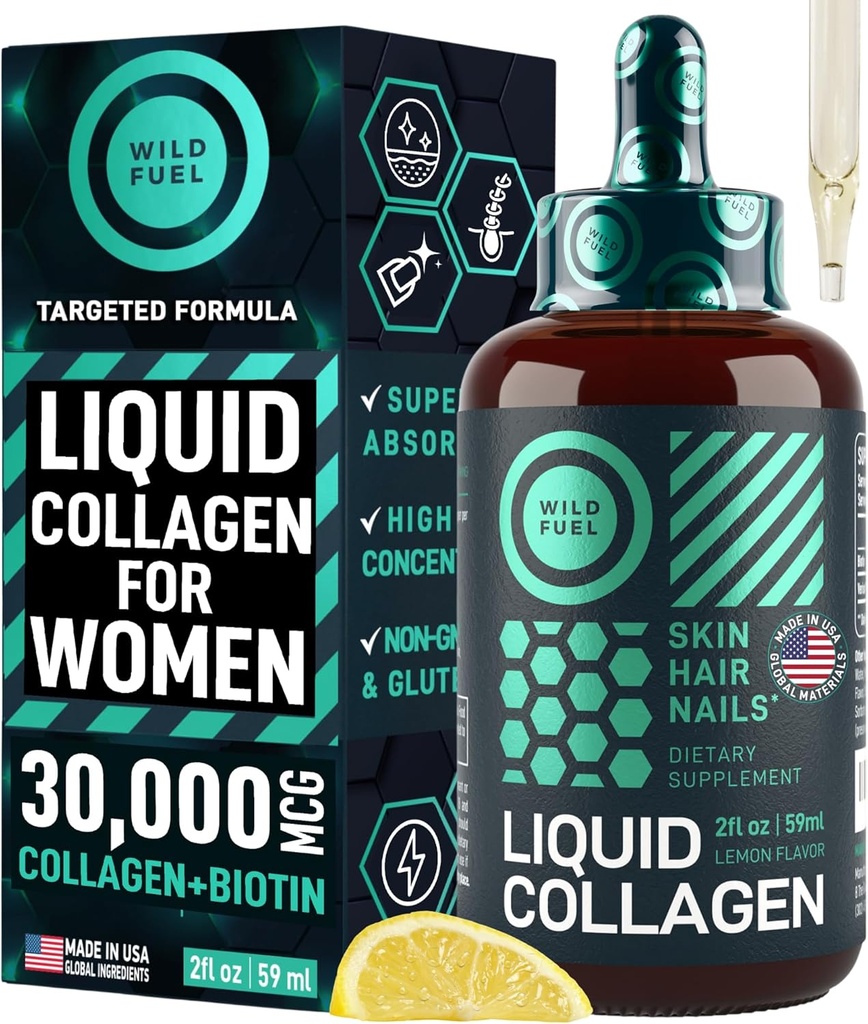 WILD FUEL Peptides de collagène liquide avec des vitamines de biotine pour la peau et les ongles - 30 000 mcg Collagène liquide pour les femmes et les hommes Plus Biotine - Lemon Flavor, jusqu'à 2 mois - 2 oz