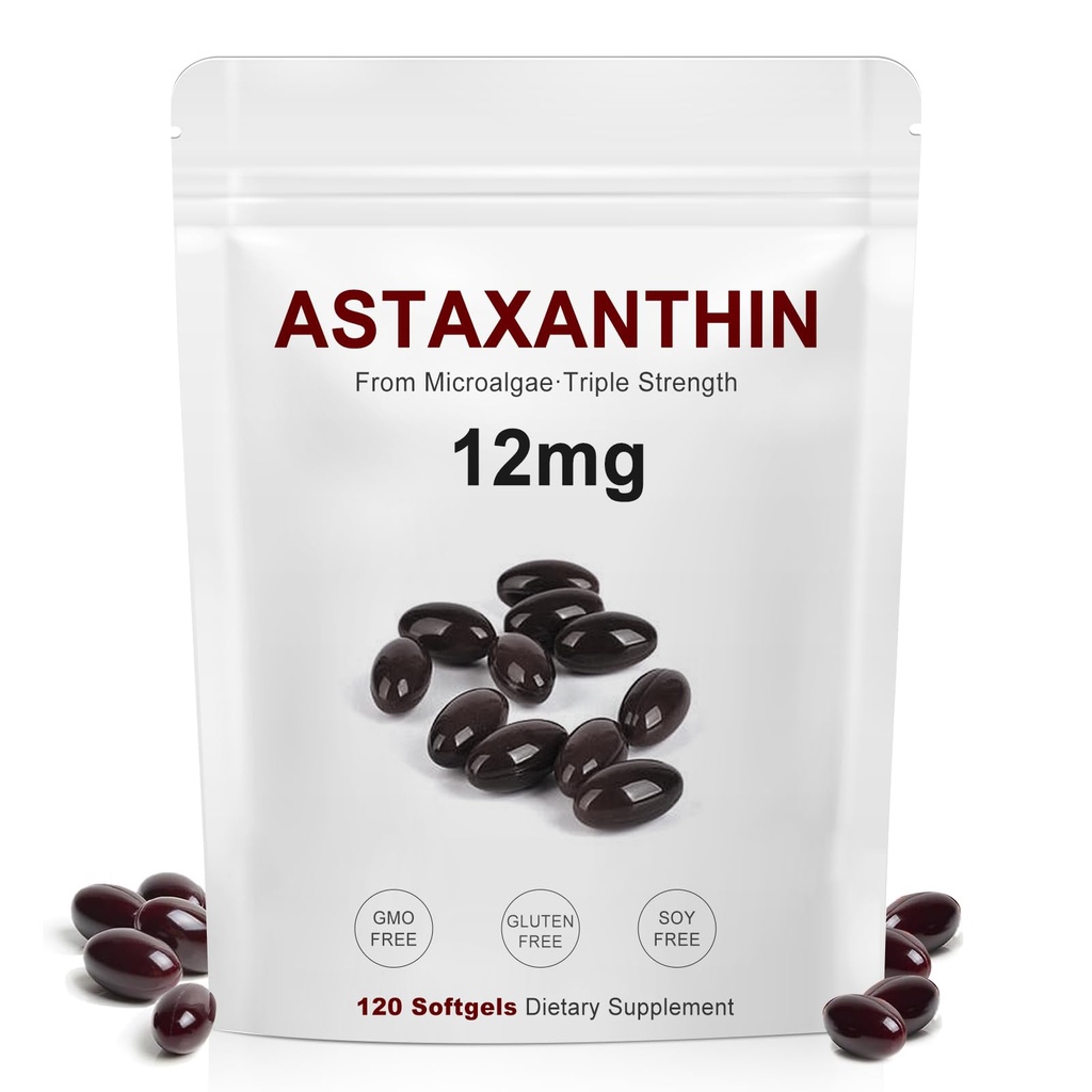 Astaxanthine 12mg, Antioxydant naturel pour la peau, les yeux et le soutien articulaire