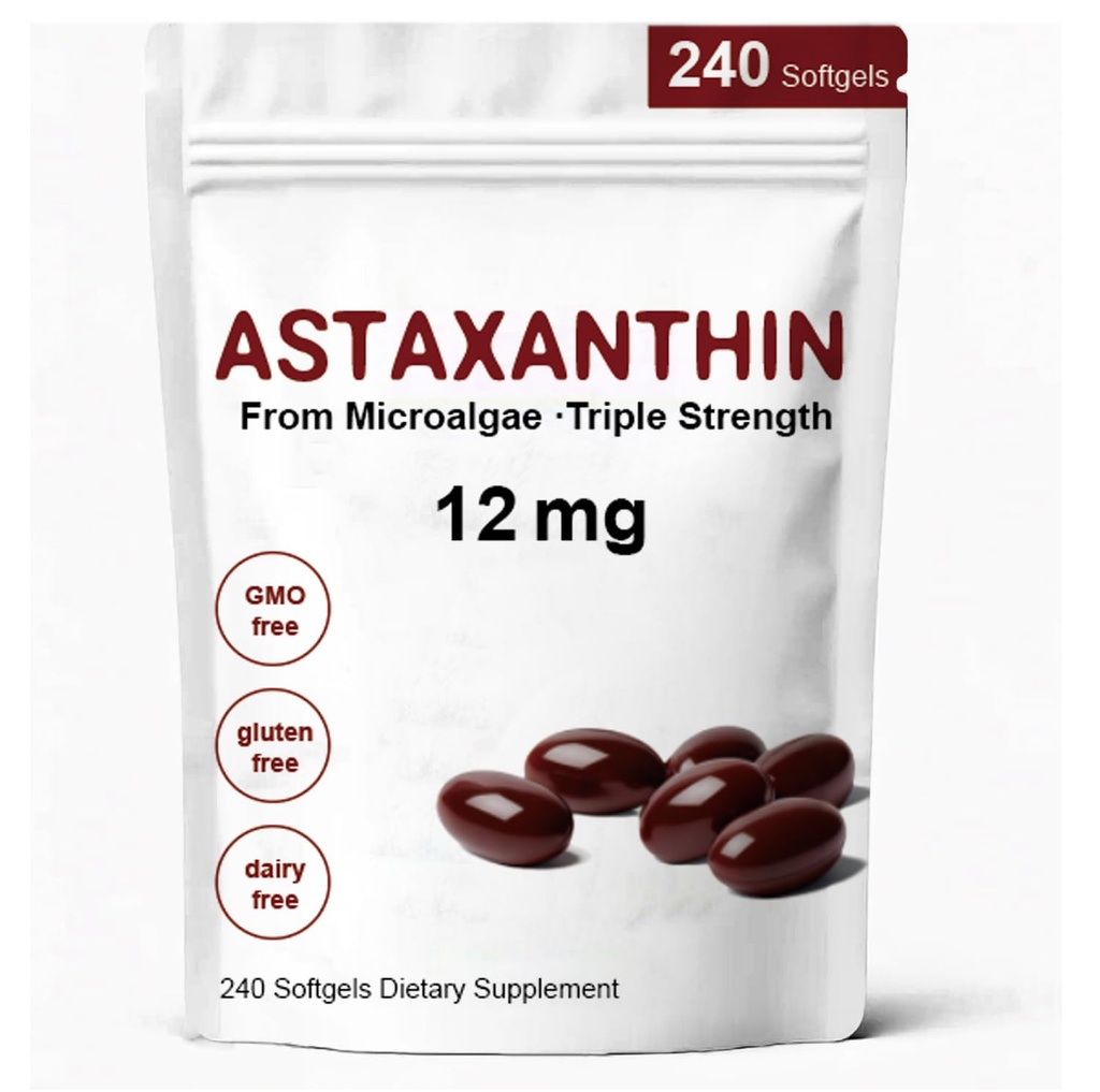Astaxanthine 12mg, Suppléments d'antioxydants d'Astaxanthine Premium avec activité antioxydante, soutient l'œil, immunitaire, santé de la peau, circulation interne-240 Softgels