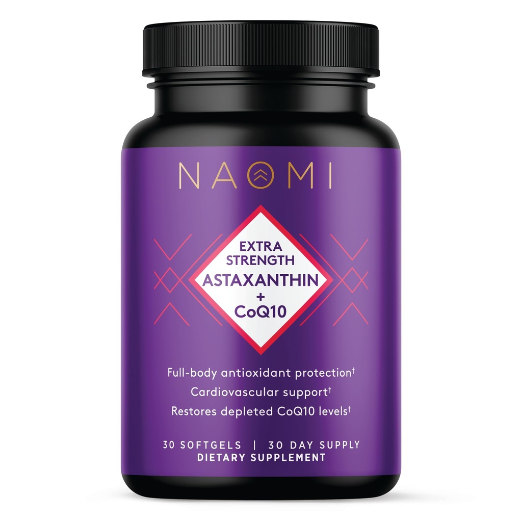 NAOMI Extra Strength Astaxanthin + CoQ10, Antioxydants solubles dans les graisses, Soutien cardiovasculaire, Augmentation de l'énergie, fonction immunitaire et cognitive, Restaurer le CoQ10 appauvri, Absorption élevée, Approvisionnement de 30 jours