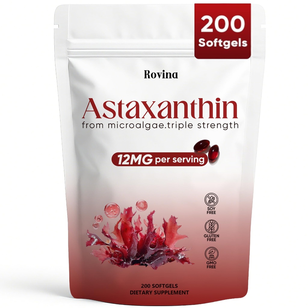 Rovina Astaxanthine 12mg, Suppléments antioxydants pour Immune, Eye, Supports cutanés, Sans OGM et sans gluten - 200 Softgels