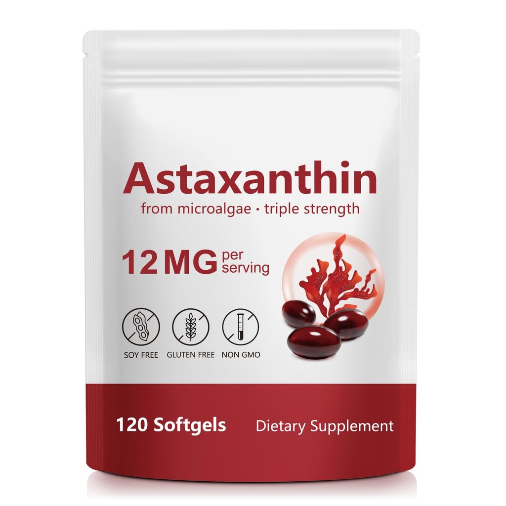 Suppléments d'astaxanthine 12mg, Suppléments d'antioxydants d'astaxanthine Premium, soutien oculaire, cerveau, articulaire, santé de la peau, 4 mois d'approvisionnement, 120 Softgels, facile à avaler, non-OGM