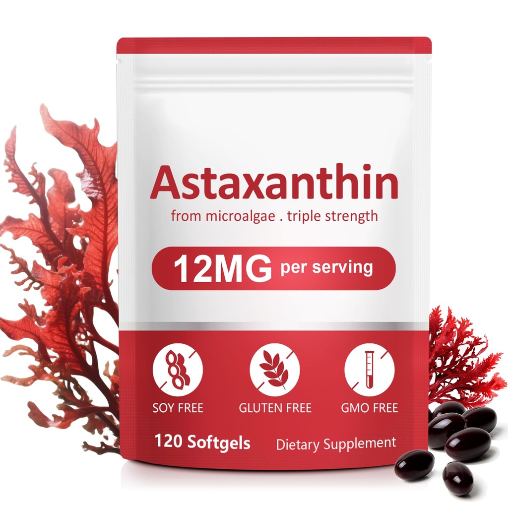 Astaxanthine suppléments,12mg Astaxanthine formule naturelle anti-âge - soutient les yeux, les articulations, la circulation interne et la santé de la peau, non-OGM non-gluten
