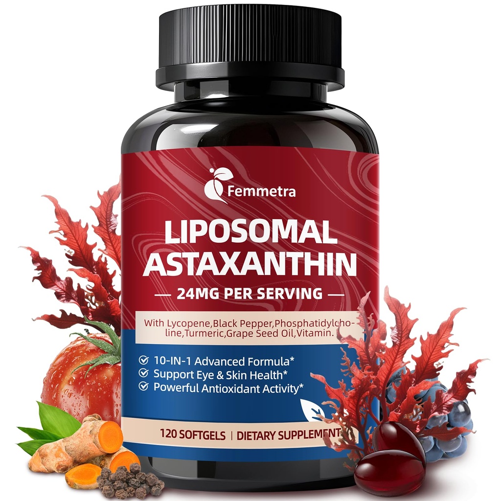 Suppléments d'astaxanthine liposomale 24mg avec lycopène pour la santé des yeux, de la peau et des immunes, supplément d'astaxanthine 10-en-1 Max Strength, source de microalgues fraîches, sans OGM, 120 Softgels